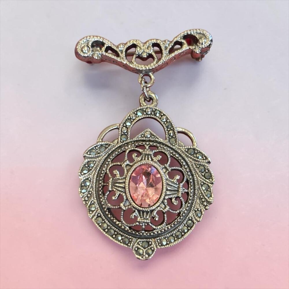 1928 Jewelry Co Art Deco Dangle Brooch Pink Rhinestone Marcasite Style Silver